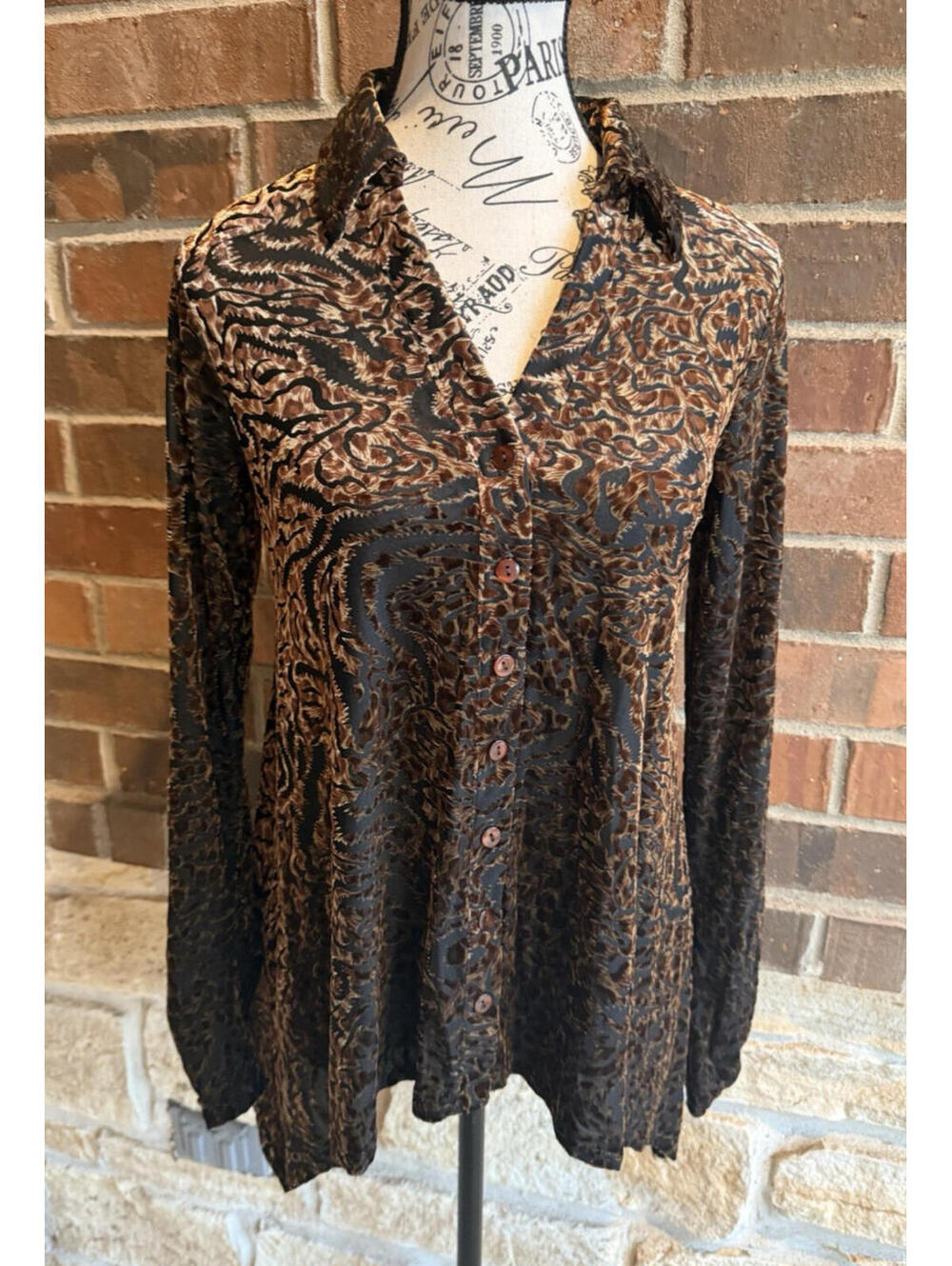 Sno Skins Small Burnout Velvet Blouse Cheetah Animal Print Brown Black Excellent